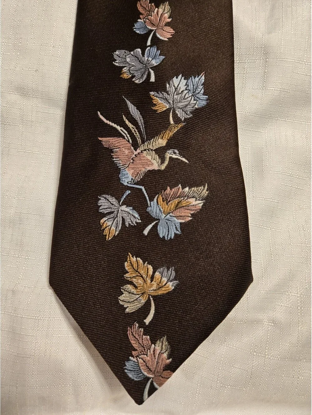 VTG 70s Sears The Mens Store Crane Bird Leaf Embroidered Brown Poly Wide Necktie